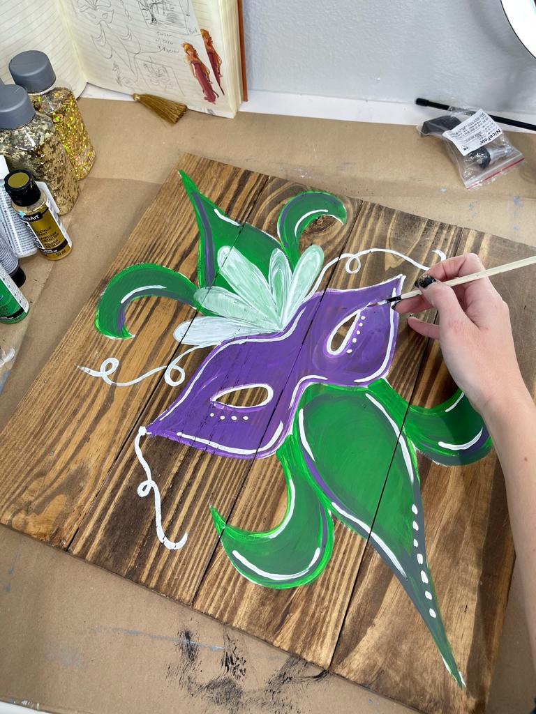 Painting on wood of Mardi Gras Mask and Fleur De Lis