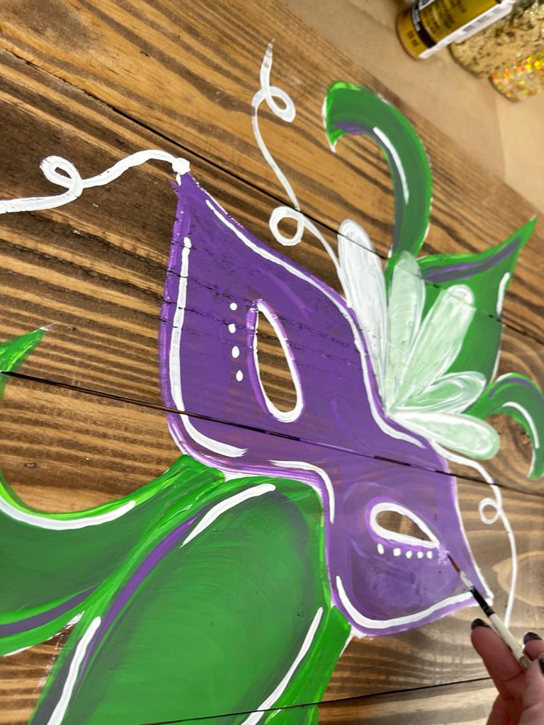 Painting on wood of Mardi Gras mask and Fleur Di Lis