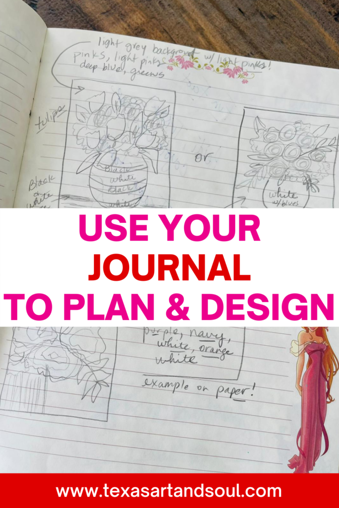 Why Keeping A Journal Is A Great Way to Plan Your Painting Designs Pinterest pin with image of a page from Heidi Easley's journal