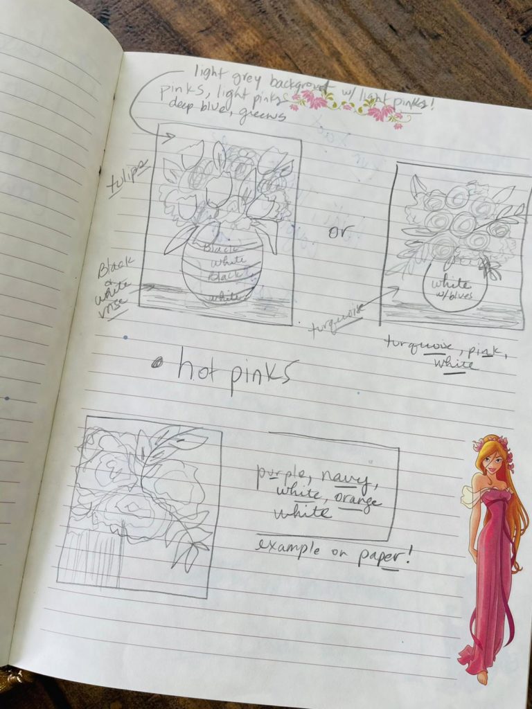 A page from Heidi Easley's Enchanted journal with sketches of design ideas for a painting