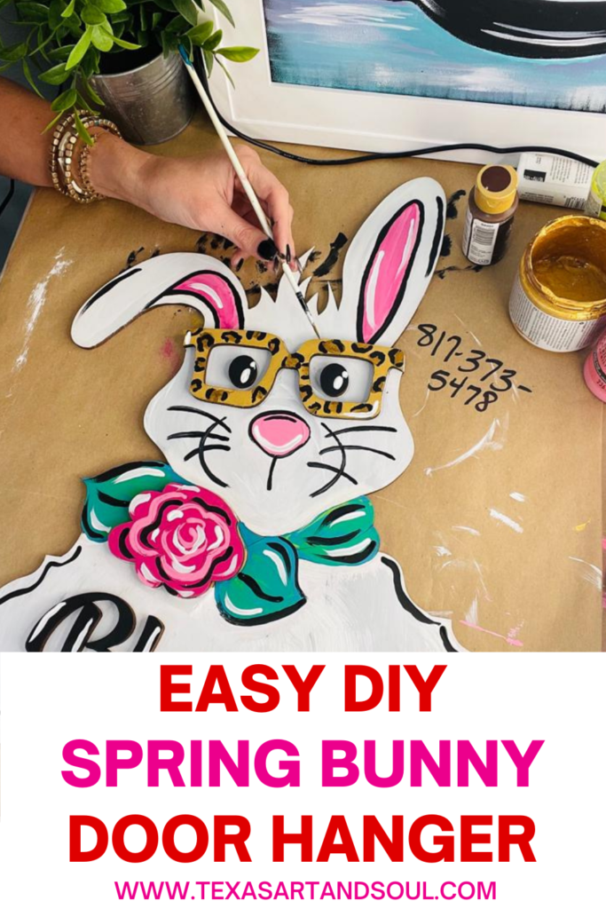 Easy DIY Spring Bunny Door Hanger Pinterest Pin with image bunny door hanger
