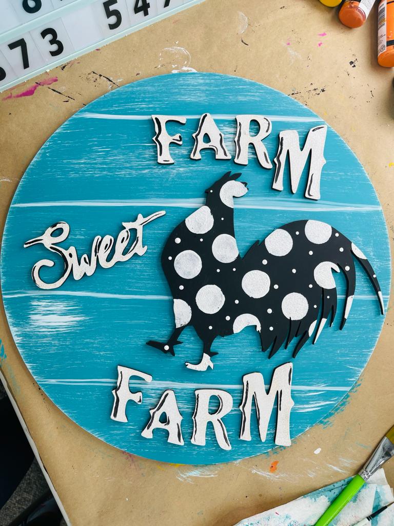 blue black and white farm sweet farm door hanger with rooster