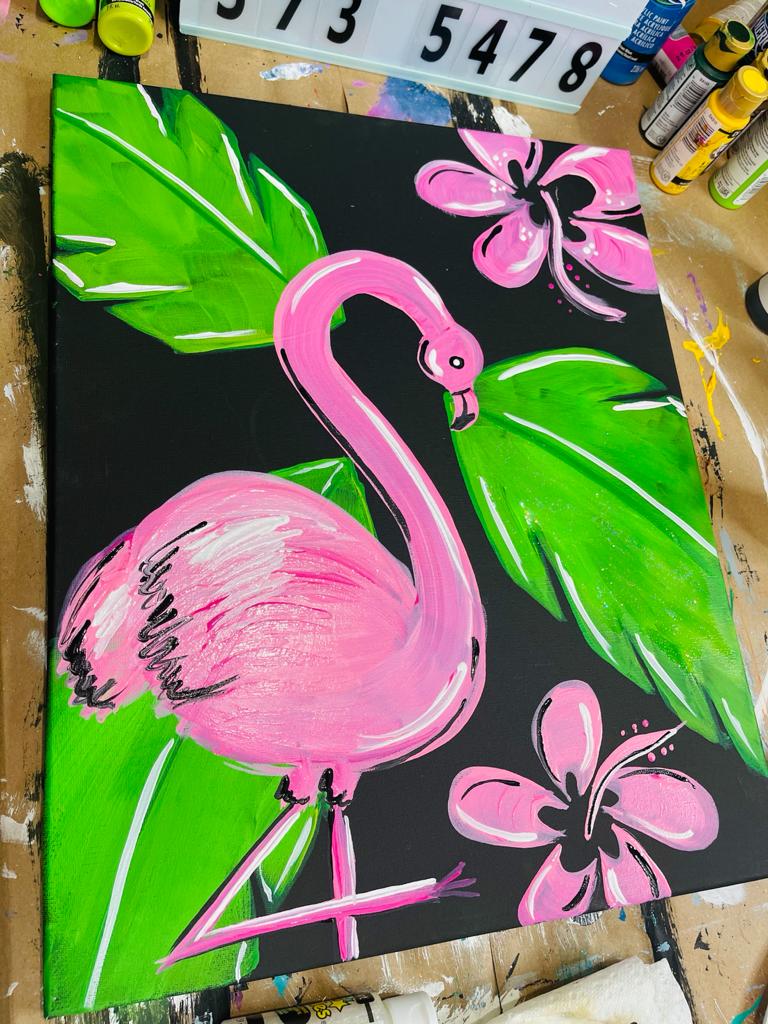 flamingo and flowers painted on canvas