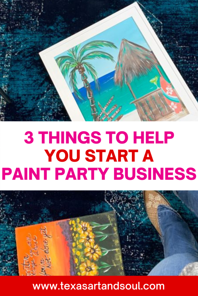 3 Things to help you start a paint party business with image of acrylic paintings by Heidi Easley on a blue rug