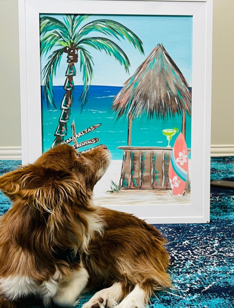 acrylic painting of a tiki hut on the beach by Heidi Easley with a dog