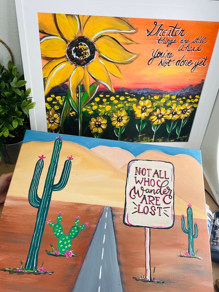not all who wander are lost desert scene acrylic painting and sunflower landscape acrylic painting