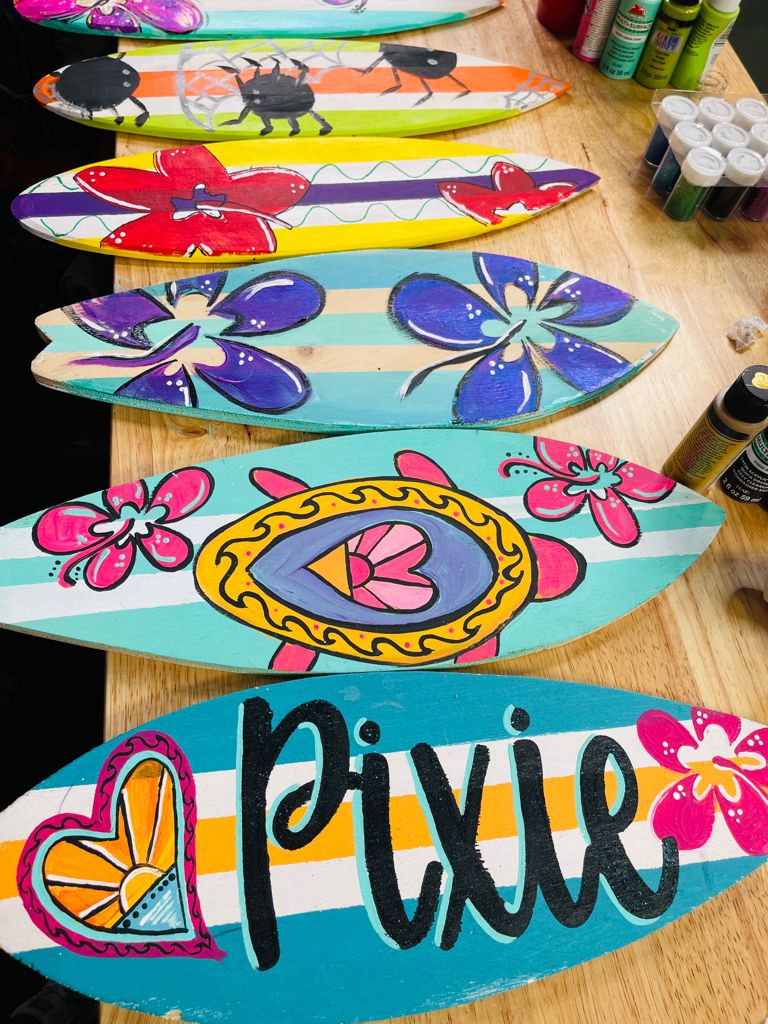 decorative surfboards painted with acrylic craft paint