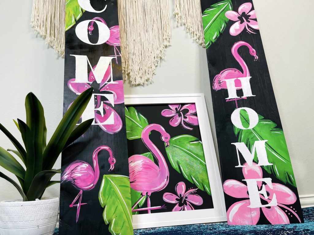 paint party best sellers - 2 porch leaners and a canvas featuring flamingos