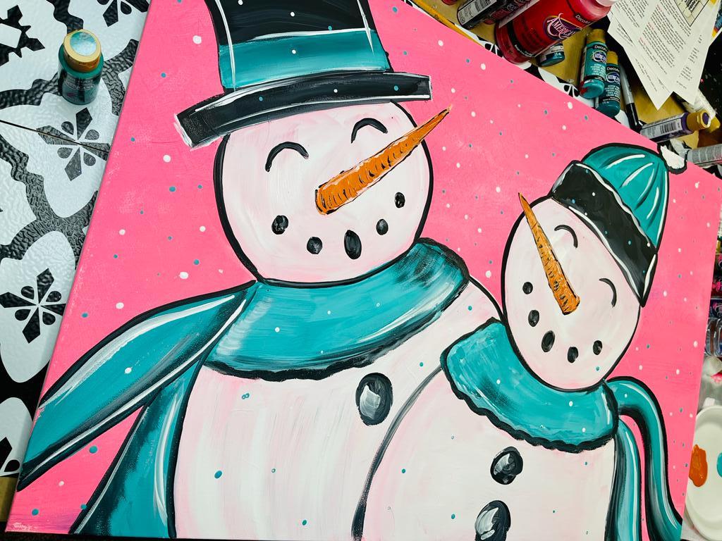 acrylic painting of snowman couple