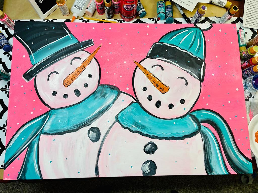 acrylic painting on canvas of whimsical snowman couple 