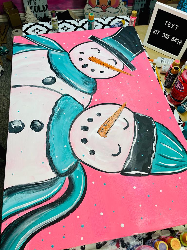 pink and turquoise acrylic painting on canvas of snowman couple