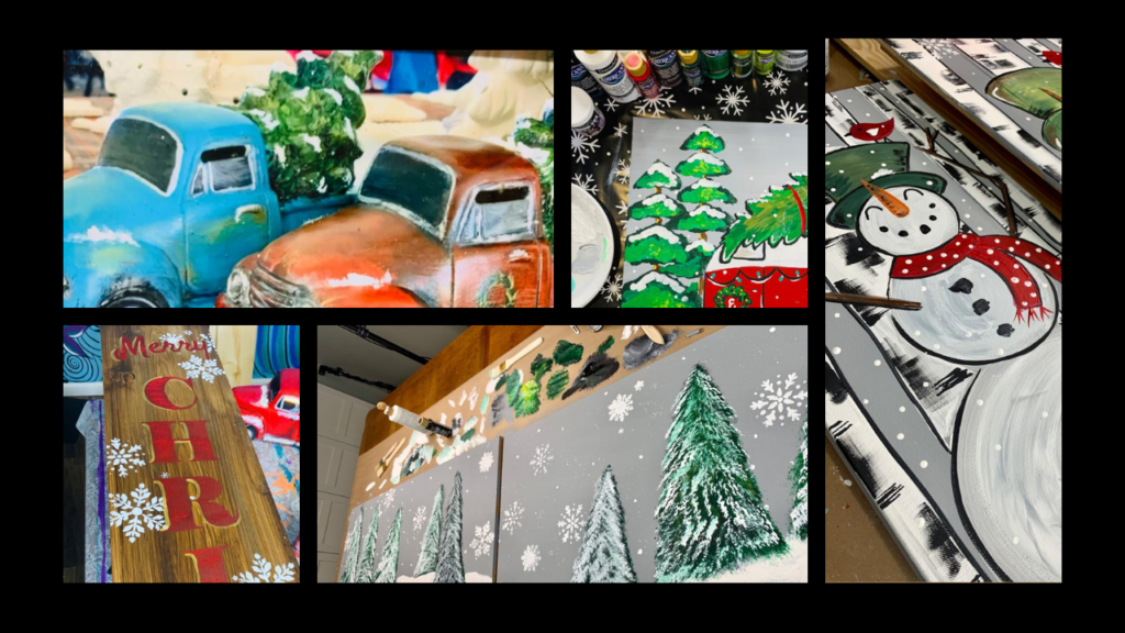 collage of project ideas to make when hosting a Christmas painting party