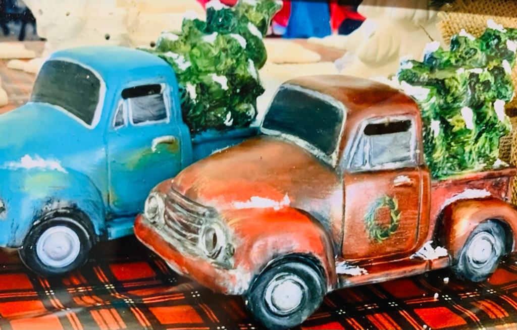 Christmas painting party project idea: painted mini ceramic trucks