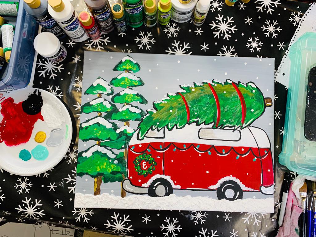 Christmas painting party idea: VW Bus with a Christmas tree tied on top.