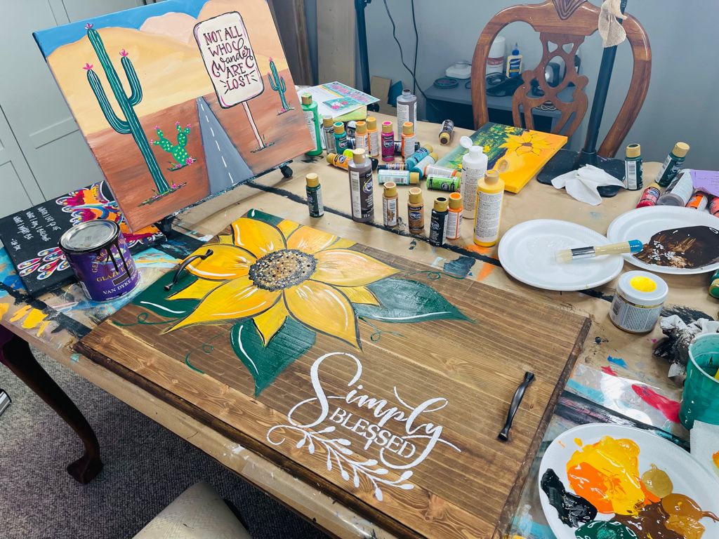 Simply blessed and sunflower painted on a noodle board