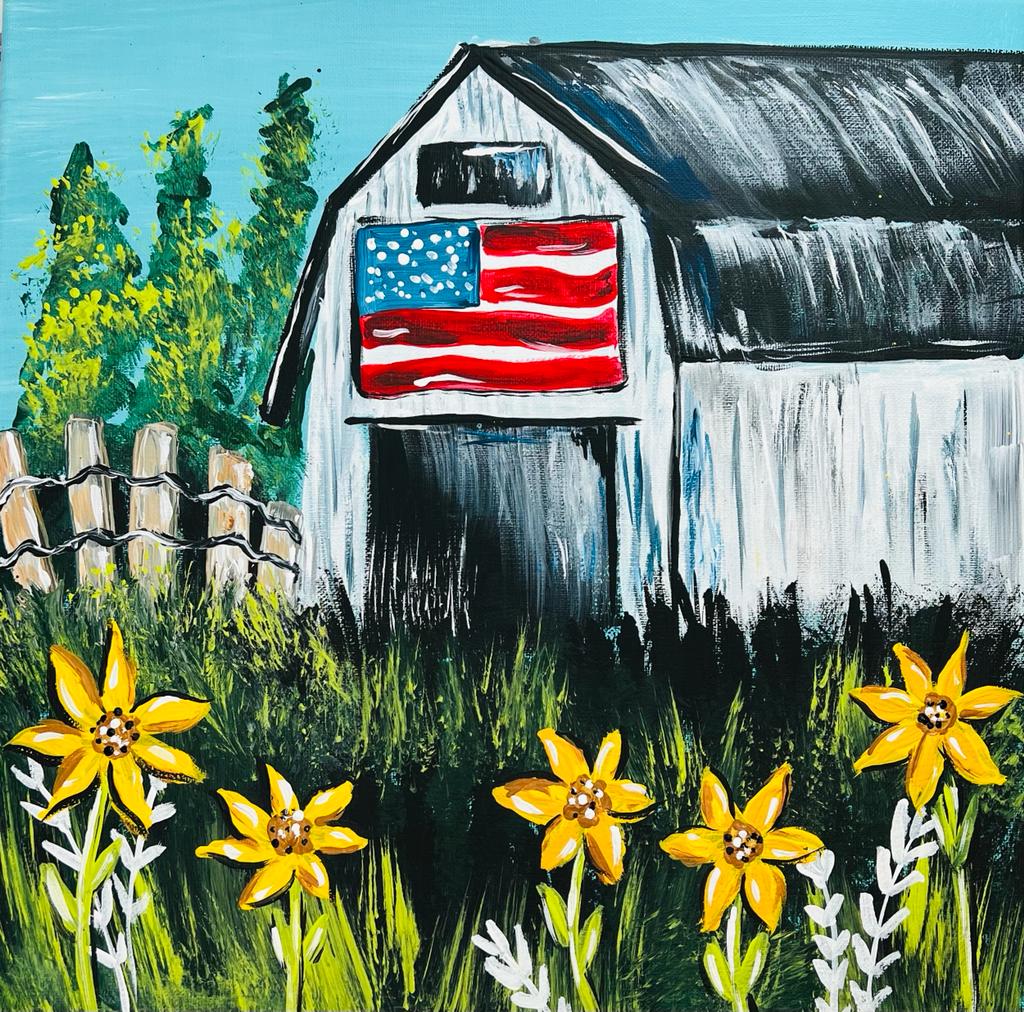 fun barn and sunflowers painting
