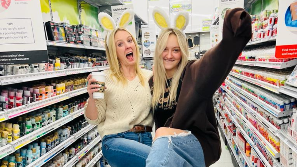 mother and daughter shopping for easter paint party supplies